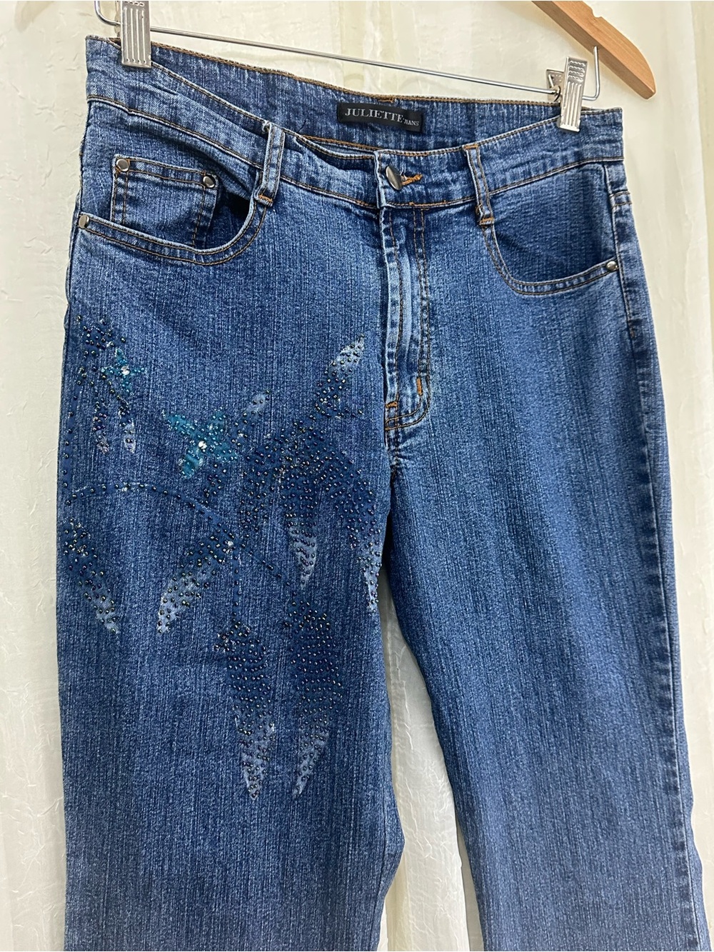 Vintage Juliette Jeans Mid Rise Bootcut Medium Wash Blue Floral Rhinestone